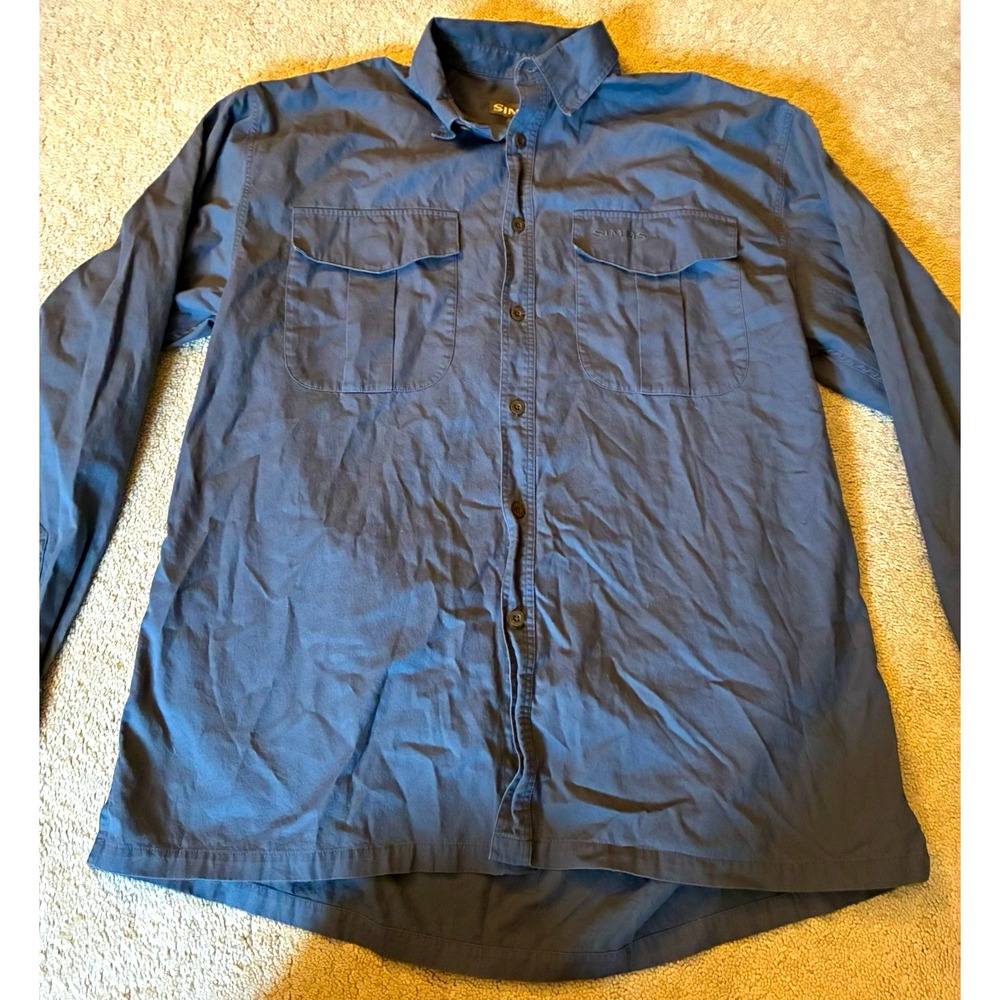 Simms Men's XL Blue Long Sleeve Button-Up Fishing Shirt 100% Cotton Pockets
